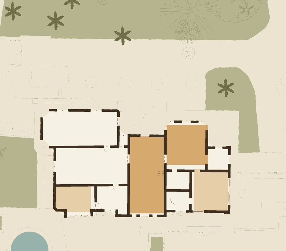 Planta de la casa con los salones, la terraza y parte del jardín